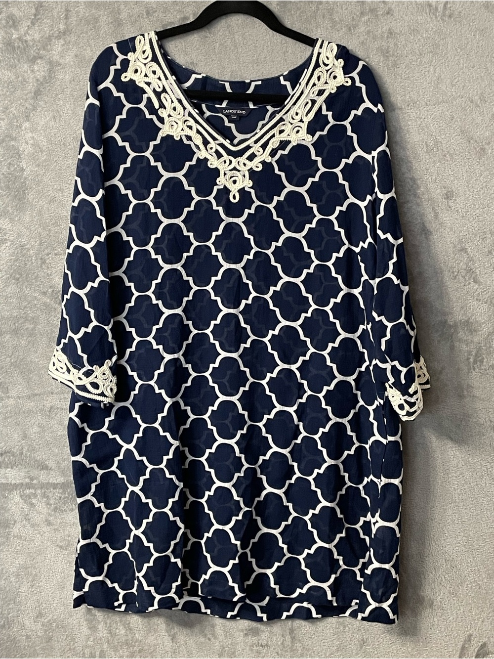 Lands' End Navy and White Geometric Swim Coverup with Crochet Trim